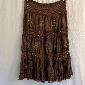 Mahogany brown with orange and red detailing shin length skirt by Chaudry KC